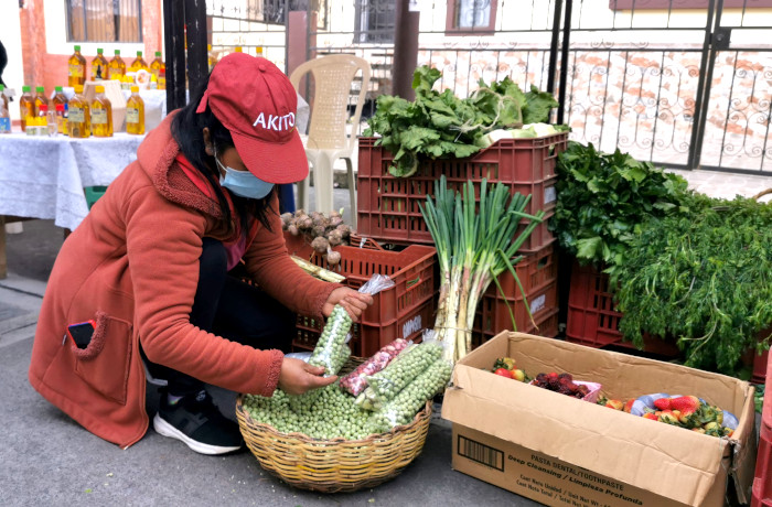 Señora vendiendo en mercado comunal campesino