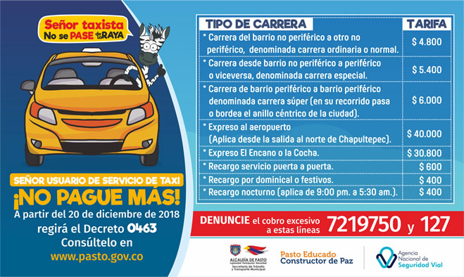 Decreto 0463, fija nuevas tarifas servicio de transporte público tipo taxi