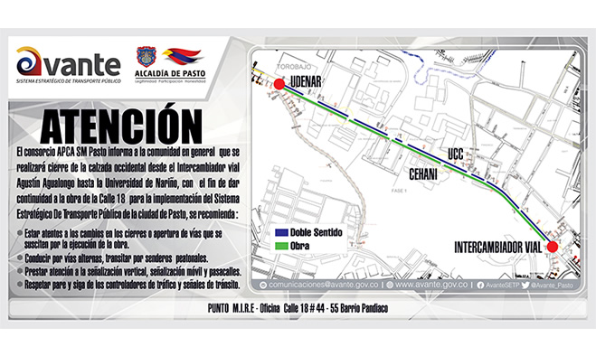 Cierre de calzada occidental desde el intercambiador vial Agustín Agualongo a Universidad de Nariño