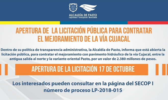 Licitación pública para contratar el mejoramiento de la vía Cujacal